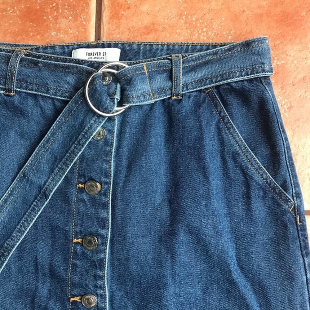 Forever 21 Belted Long Button Front Jean Skirt M - Picture 2 of 6